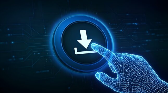 Digital download icon with a finger pressing the button on a blue technological background with circuitry patterns
