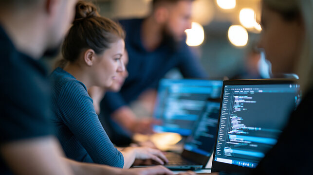 Faceless group of business people and software developers working together as a team in the office, with copy space