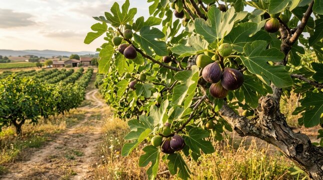 Ripe figs hanging on tree branches in a sunlit orchard with rows of vines in background