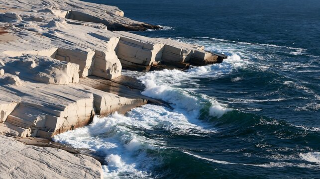 Top view of dynamic ocean waves crashing against a rugged white rocky coastal cliff with white foam