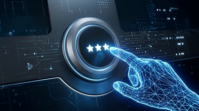 Futuristic Digital Interface with Glowing Wireframe Hand Pressing Three Star Rating Button for Customer Feedback and Experience Concept