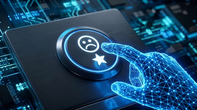 Digital wireframe hand pressing a sad face button on a glowing circuit board representing negative feedback and low customer satisfaction rating