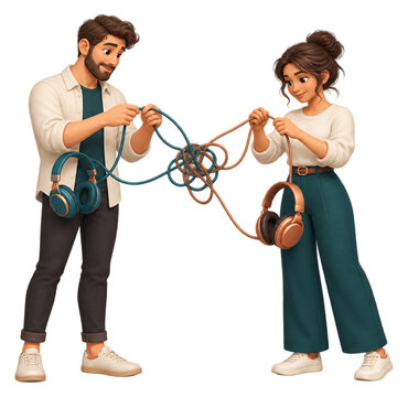 Coworkers untangling crossed headphone cables
