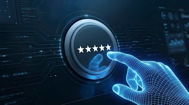 Customer satisfaction rating with a glowing five-star review selected by a digital hand on a futuristic interface, signifying excellent service and positive feedback