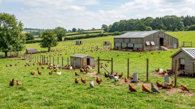 Chickens roam freely in a lush green pasture with farm buildings and fenced enclosures