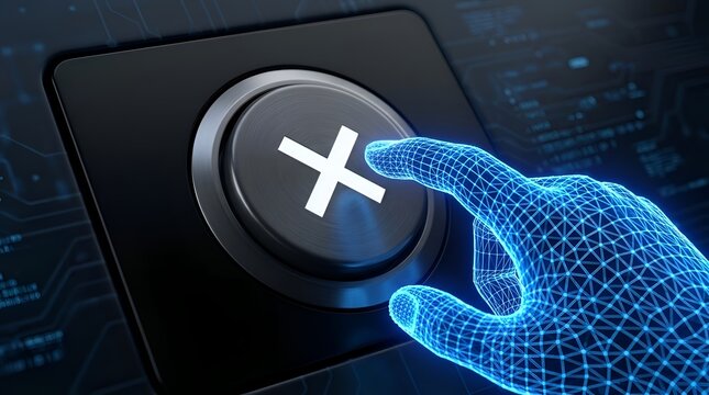 Futuristic Digital Wireframe Hand Pressing a Close Cancel Button with Cross Symbol