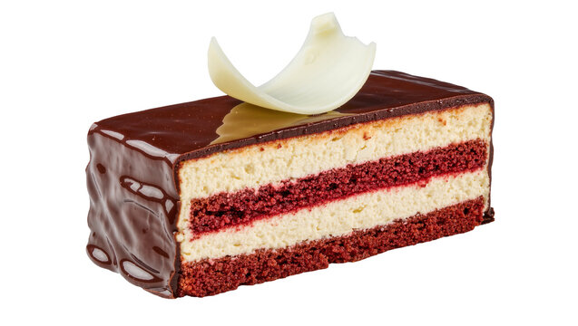 Rich chocolate glazed cake slice with red velvet layers and cream, isolated on transparent background