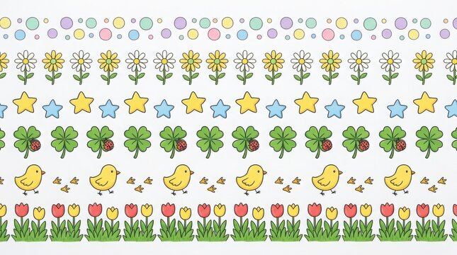 Set of colorful spring themed decorative borders featuring flowers clovers stars and little yellow chicks in a cute hand drawn style