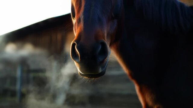 Brown horse exhales visible breath in cold air while standing close to camera beside wooden stable fencing, warm low sunlight outlining muzzle and coat against softly blurred barn background