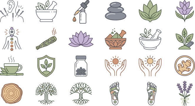 Alternative Medicine and Holistic Healing Color Line Icon Set for Wellness Spa Web Designs