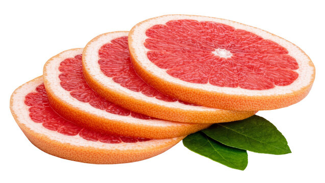 Four juicy pink grapefruit slices with green leaves, isolated on transparent background
