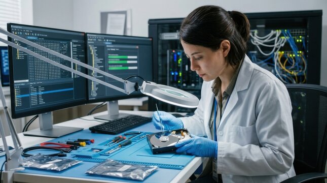 Female technician in lab coat repairing computer hard drive with precision tools data center background