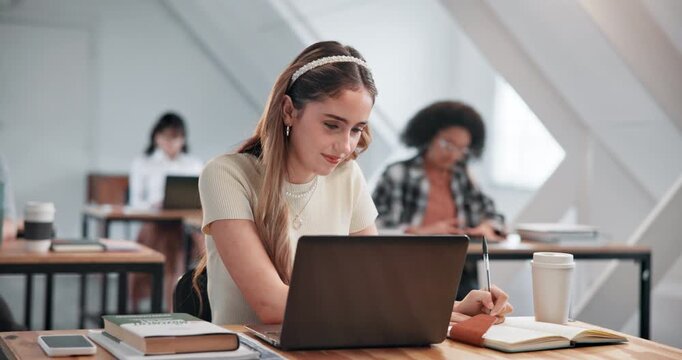 Woman, student and laptop in university with notes, writing info and research with online studying. Academic, tech and journal in community college with lesson tutorial, virtual platform or education
