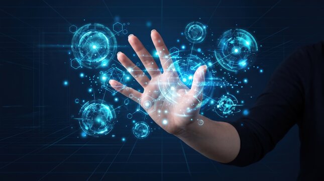 Futuristic hand interacting with holographic technology interface displaying digital spheres and data points in a virtual reality space for advanced artificial intelligence and