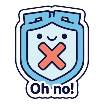 Muted security shield mascot sticker with red cross and oh no text vector illustration for digital privacy and internet safety apps