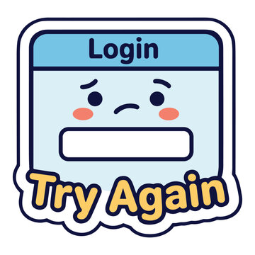 Login error screen sticker with sad kawaii character and try again text vector illustration for user interface troubleshooting and website authentication alerts