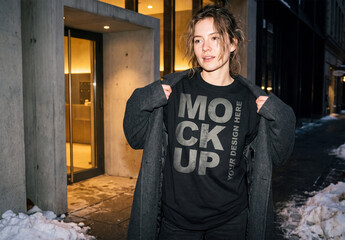 Woman Black T-Shirt Mockup Night Flash Winter Streetwear