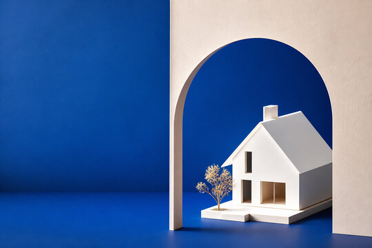 A miniature white house with a small tree sits inside a blue archway against a solid blue and beige background.