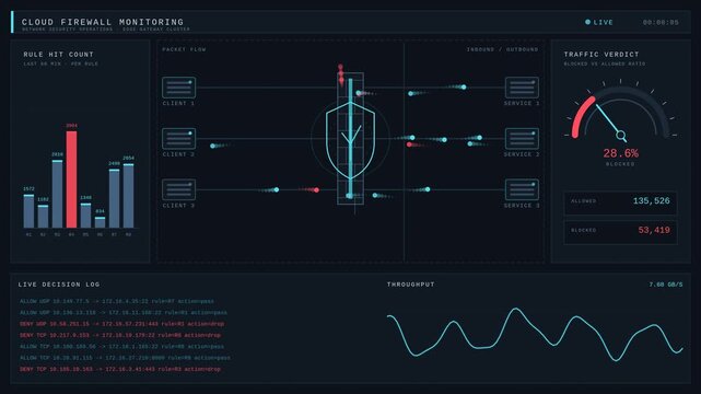 Cloud firewall monitoring interface displaying digital security data