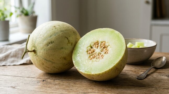 Freshly cut melon with whole fruit on rustic wooden table near window