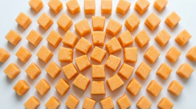 Cheese cubes arranged in a spiral pattern on a white surface