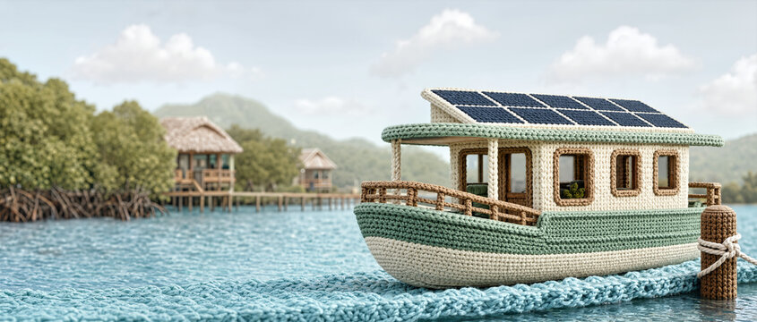Knitted model of a solar-powered houseboat on crocheted water. Eco-friendly off-grid living and sustainable travel concept