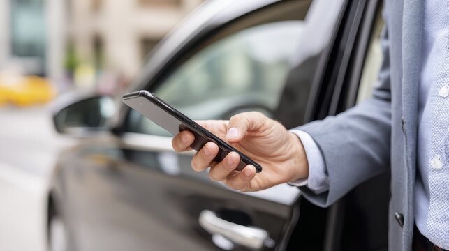 Businessman using smartphone next to car in urban setting during daytime commute