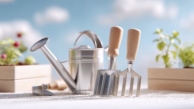 Gardening tools and seedlings under blue sky in wooden boxes