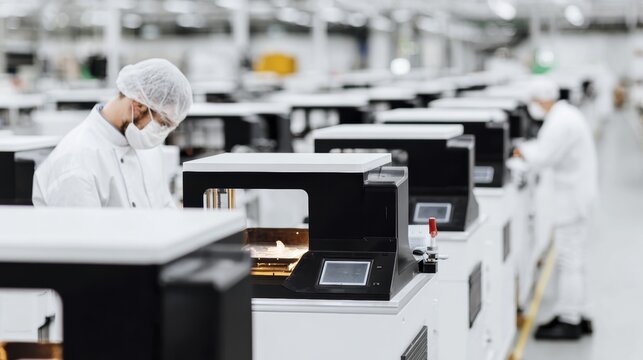 Modern 3d printing facility with focused engineers operating advanced machinery