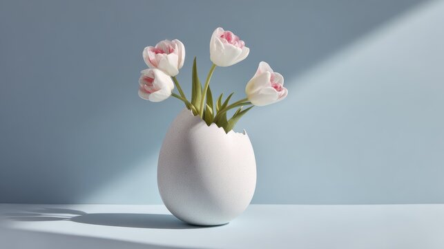 Elegant white tulips in eggshell vase against a soft blue background