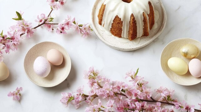 Springtime floral cake and easter eggs with cherry blossoms on marble surface