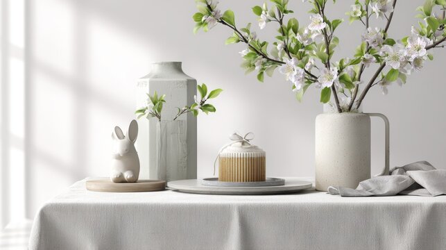 Elegant spring table setting with blossoming branches and ceramics in natural light