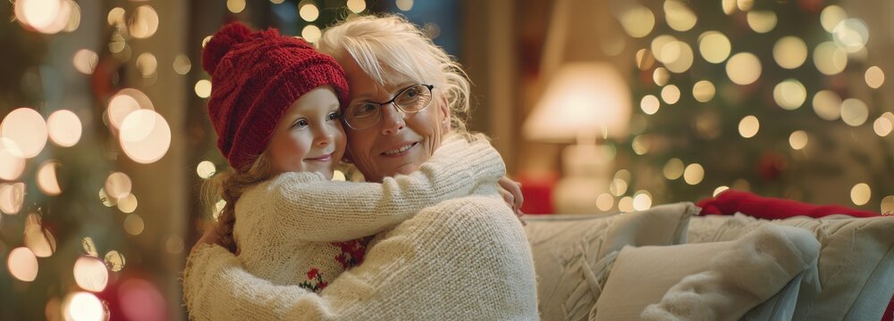 Heartwarming holiday moment: grandmother and granddaughter embrace by the christmas tree