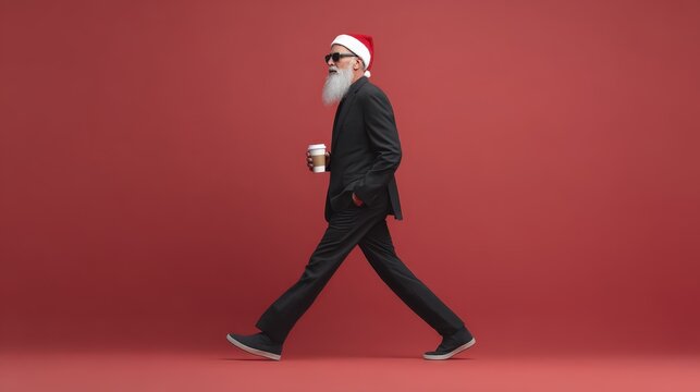 Stylish bearded man in santa hat walking against red background with coffee