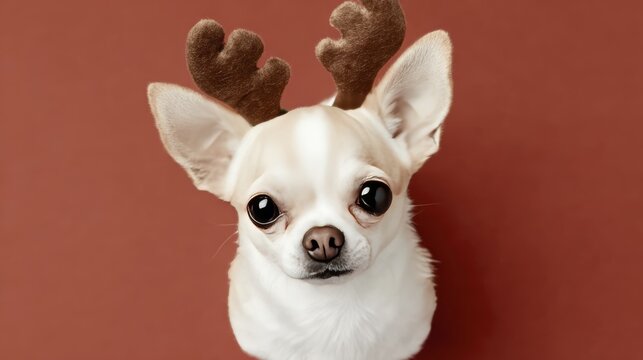 Adorable chihuahua with reindeer antlers on rust-colored background