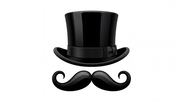 Elegant black top hat and stylish curly mustache isolated on white background