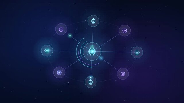AI multi agent orchestration animation showing connected robot network for artificial intelligence automation and coordination