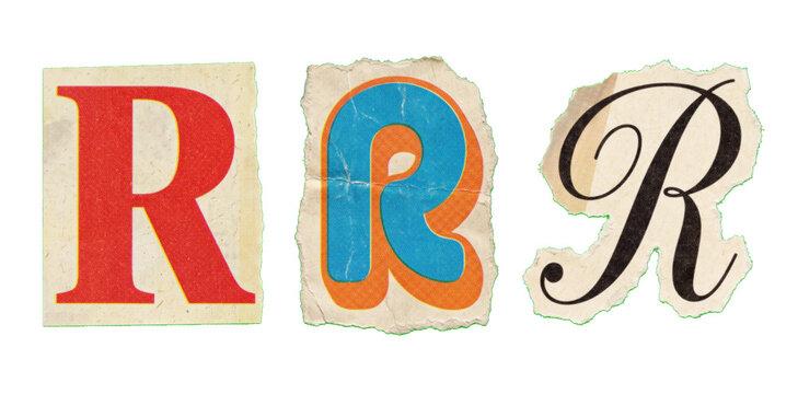 Creative ransom note style typography with three different letter R designs on torn paper cutouts