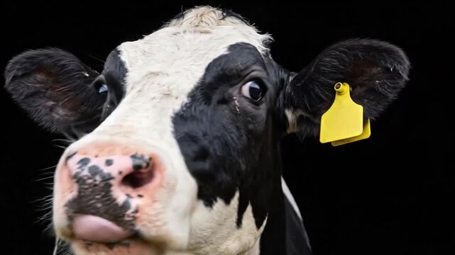 Close up portrait of black and white dairy cow looking directly at camera