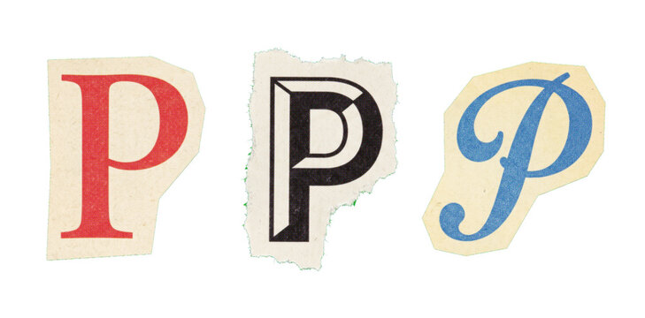 Ransom note style cut-out alphabet letters spelling out the letter P in various fonts and colors on white