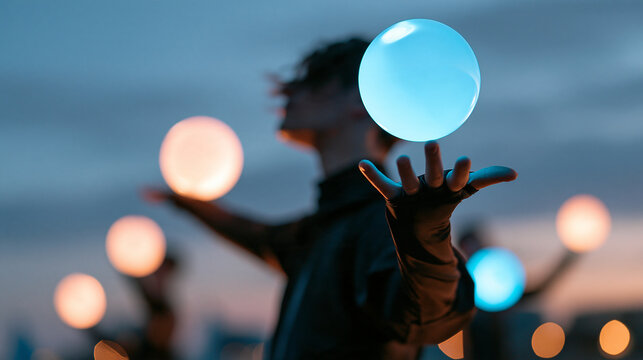 Faceless magical performer creating mystical orbs of light during a twilight outdoor show, with copy space