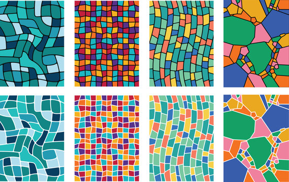 Abstract mosaic background set with colorful geometric tiles for decorative vector design.