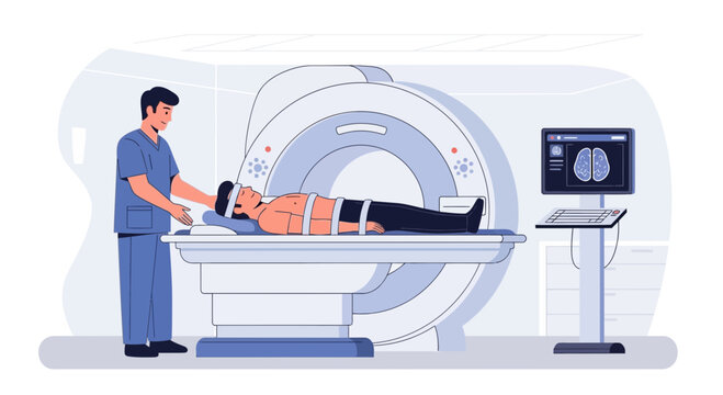 Patient lying in MRI scanner, doctor operating machine, medical diagnostic scan