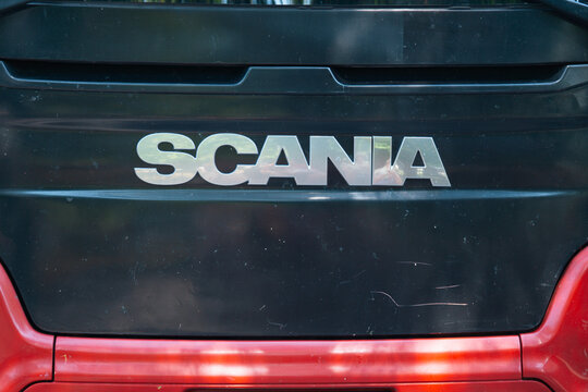 LEVOCA, SLOVAKIA - 06.06.2026: scania truck logo and brand name on vehicle front grille editorial stock photo