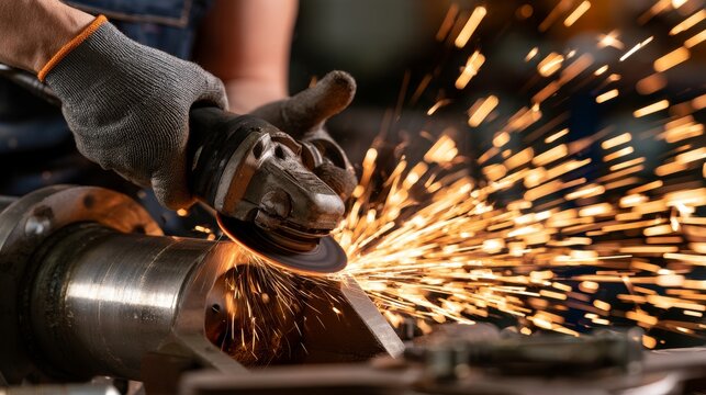 Technician using a handheld grinder on the inner surface of a large cylindrical metal component, showing industrial metalworking, skilled labor, sparks, precision and workplace safety