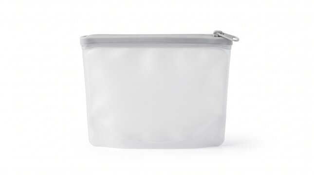 Blank white translucent plastic zipper pouch for cosmetic storage and organization on a white background
