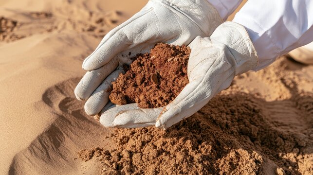 Field scientist holding a soil specimen for toxic pollutant and heavy metal testing, environmental research, soil quality analysis, pollution monitoring and ecological safety assessment