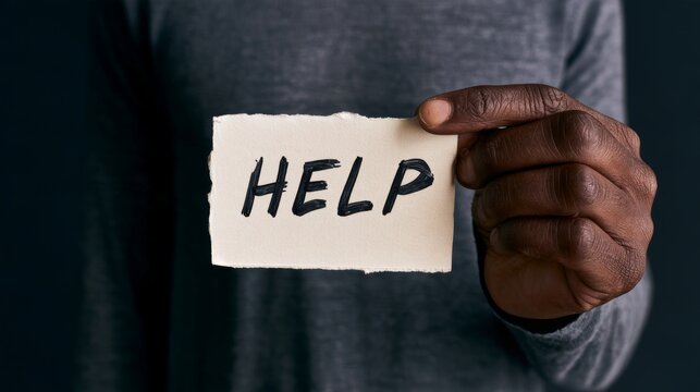 Help written on a piece of paper held by a man's hand, expressing an urgent request for assistance, support, rescue, emergency communication, distress, guidance and human connection