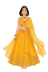 Fototapeta premium Indian Bride Haldi Ceremony Illustration. Young Indian Woman in Yellow Traditional Lehenga Choli and Floral Jewelry with Turmeric Paste, Isolated on transparent for Wedding Invitation Designs