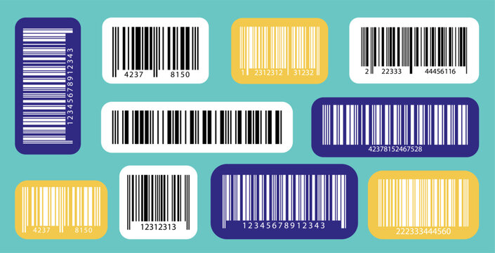Set of EAN code stickers, linear barcode collection of labels. Product label, mark template designs with serial numbers for discount sticker, retail inventory system for barcode reader, scanner Vector